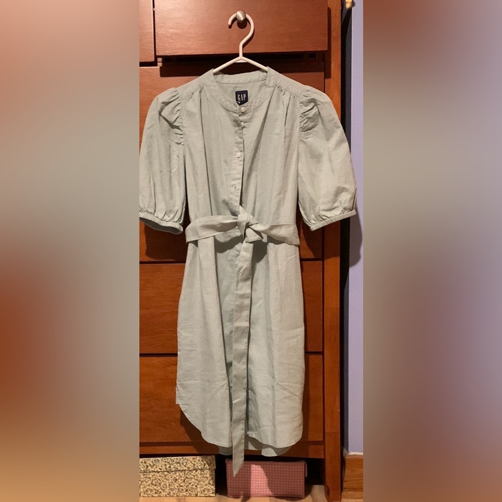 Linen Green Puff Sleeve Tie Front Dress